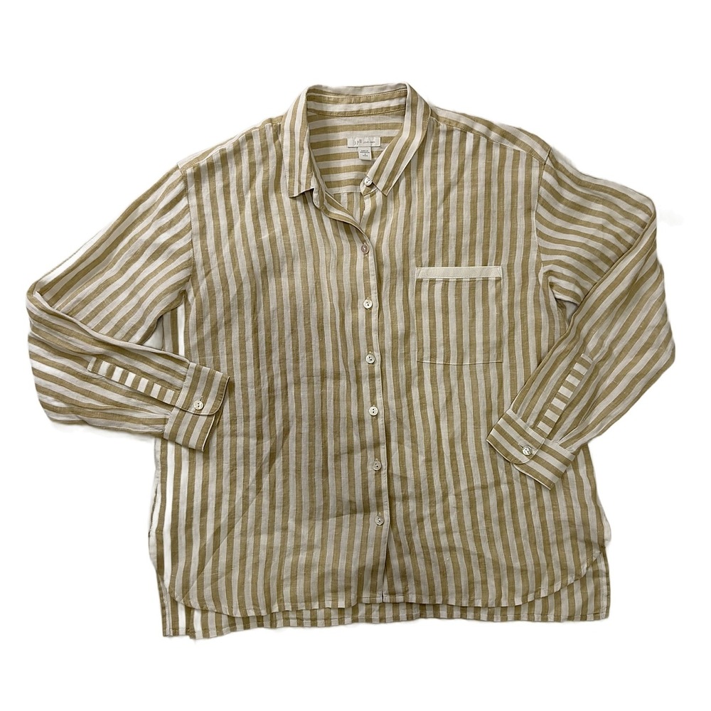 J. Jill Love Linen Striped Button Down Shirt Tan White Petite S WTP182262